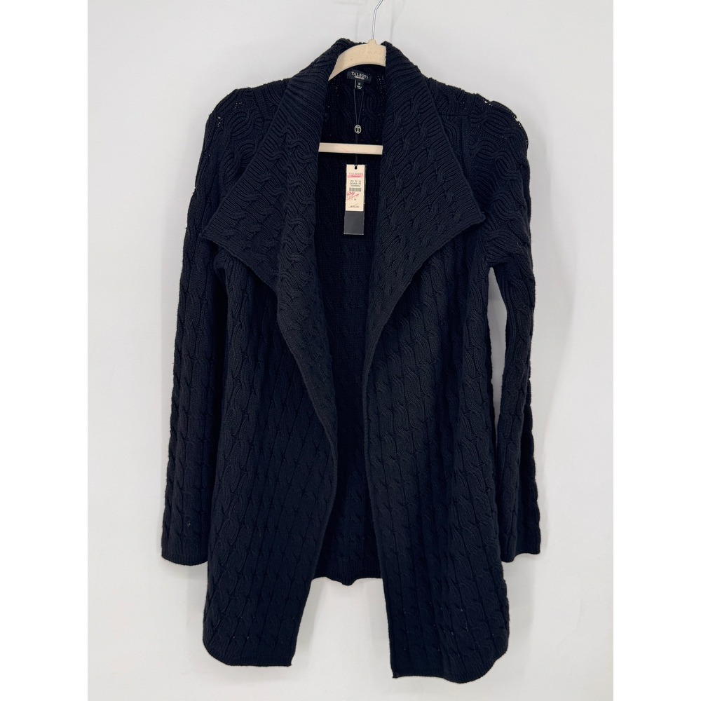 Talbots Wool Blend Cardigan Womens M Black Cable Knit Shawl Collar Open Front